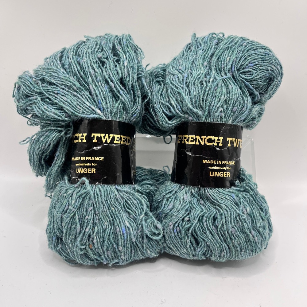Vintage Unger French Tweed 100% Wool Yarn Teal Blue Mix 2 Skeins 768 Yards